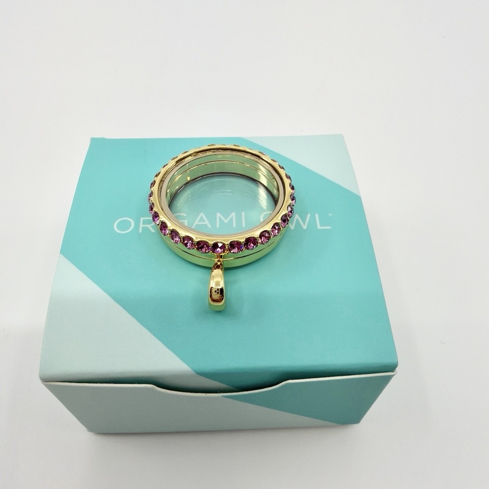 Origami Owl Medium Gold Modern Hinged Locket Dark  Rose Crystals NEW CER1224
